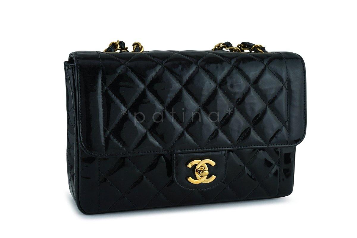 Chanel Black Vintage Patent Classic Medium Quilted Flap Bag GHW