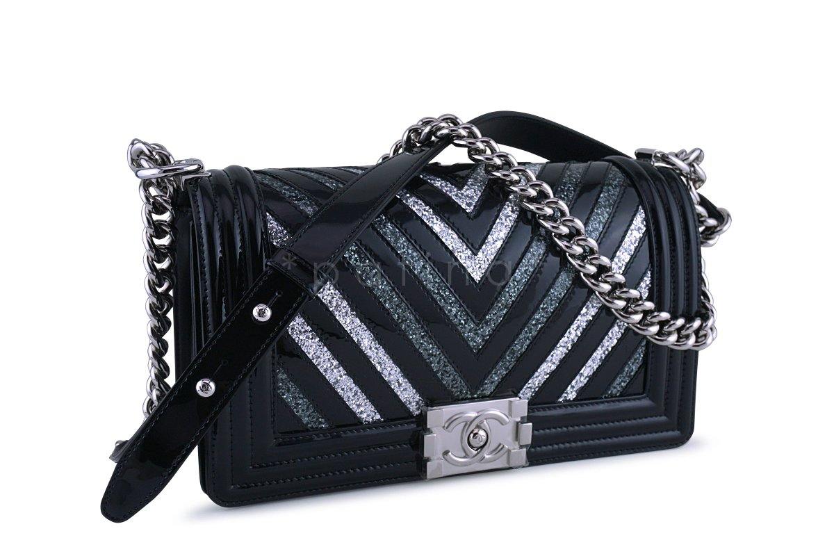 NWT 17K Chanel Black Glitter Chevron Patent Boy Flap Medium Bag