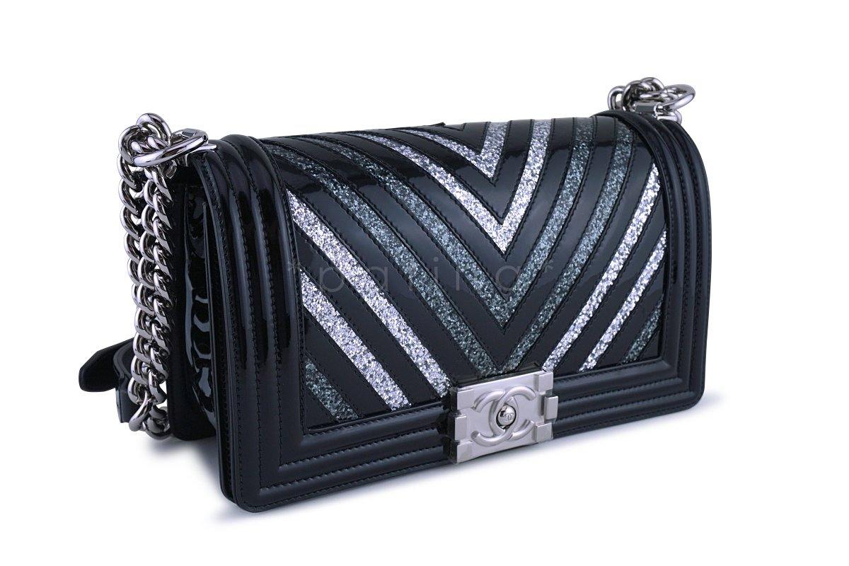 NWT 17K Chanel Black Glitter Chevron Patent Boy Flap Medium Bag