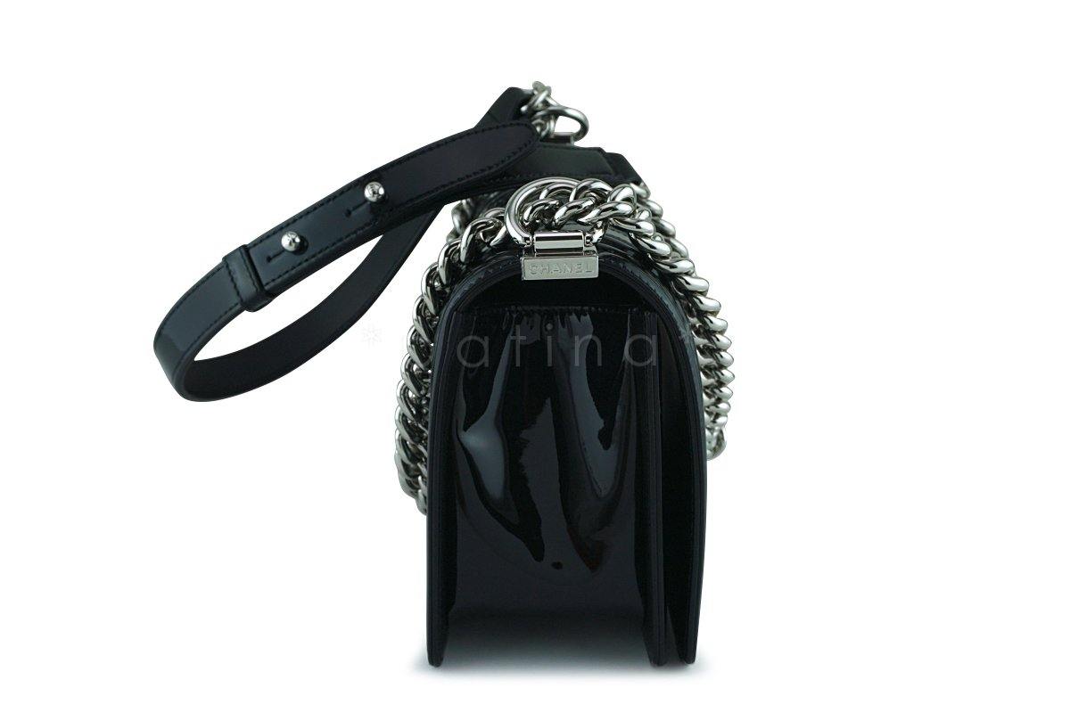 NWT 17K Chanel Black Glitter Chevron Patent Boy Flap Medium Bag