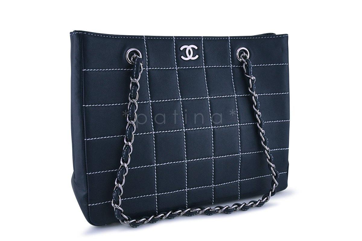 Chanel Navy Blue-Black Contrast Stitch Quilted Shopper Tote Bag