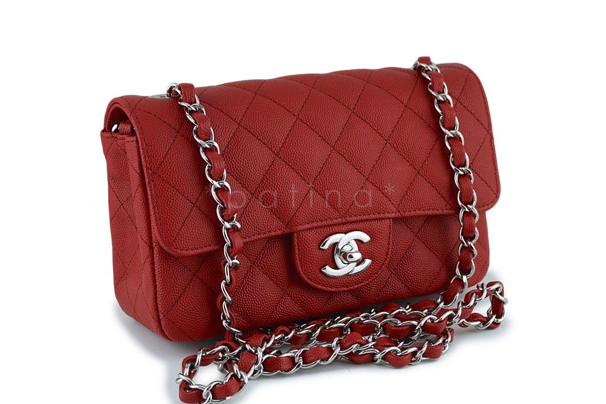 New 18C Chanel Red Caviar Classic Quilted Rectangular Mini 2.55 Flap Bag