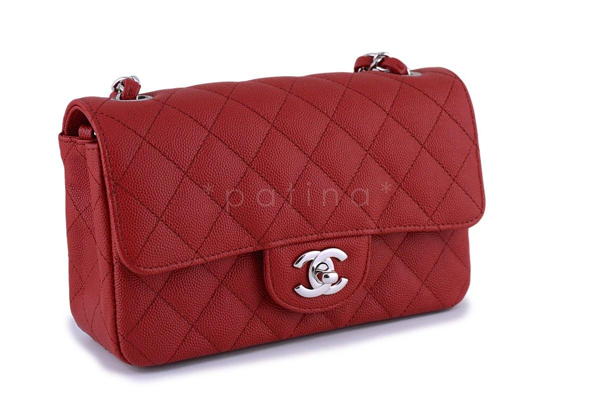New 18C Chanel Red Caviar Classic Quilted Rectangular Mini 2.55 Flap Bag