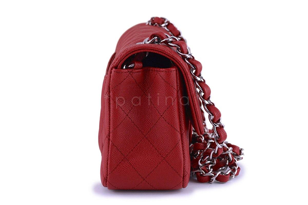 New 18C Chanel Red Caviar Classic Quilted Rectangular Mini 2.55 Flap Bag