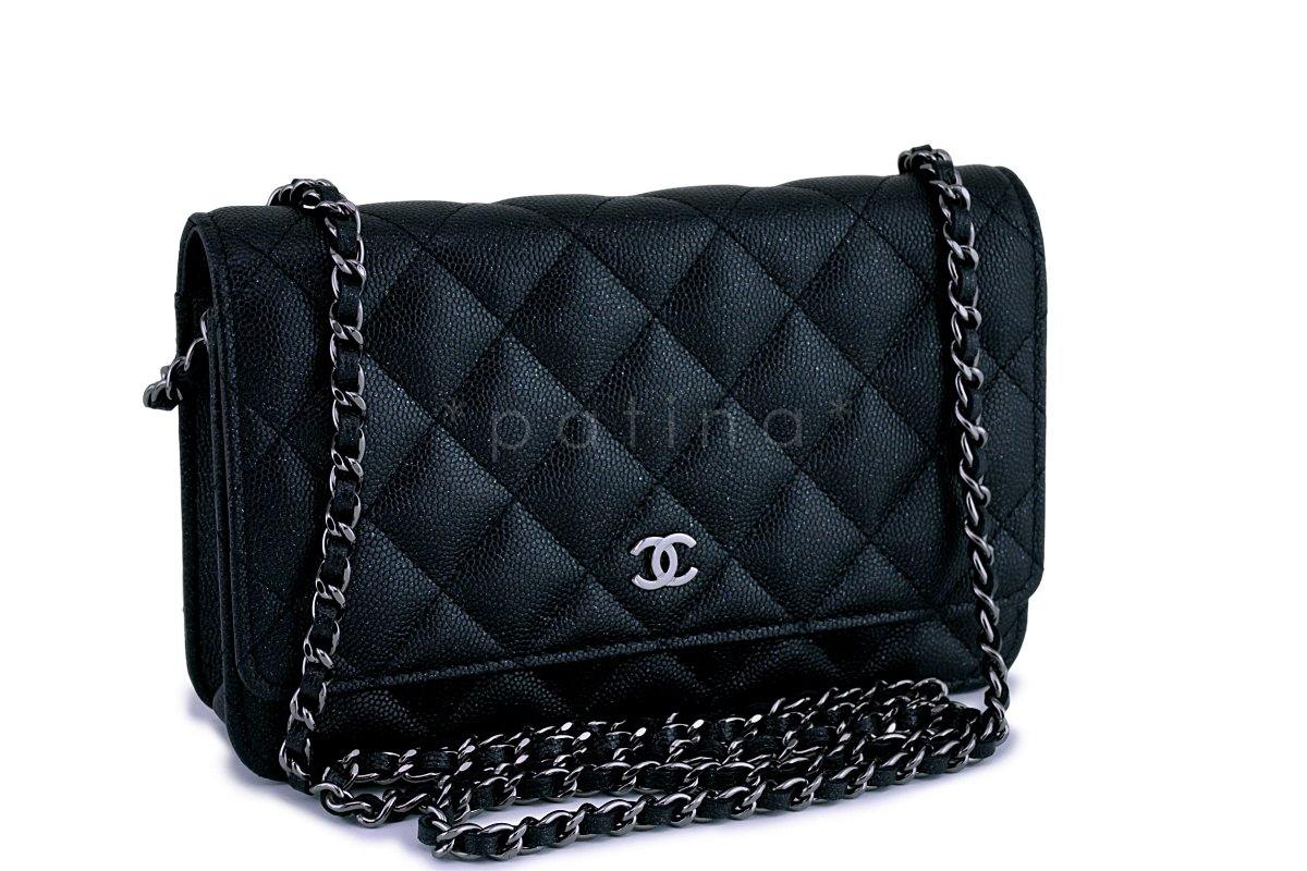 New Chanel Black Iridescent Caviar Classic Quilted WOC Wallet on Chain Flap Bag