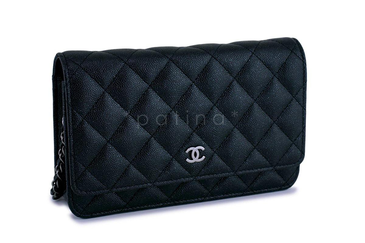 New Chanel Black Iridescent Caviar Classic Quilted WOC Wallet on Chain Flap Bag