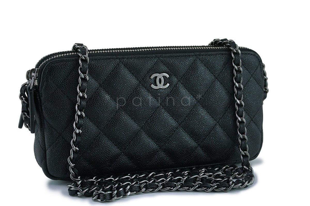 New Chanel Iridescent Black Caviar Mini Zip Case Wallet on Chain WOC Bag