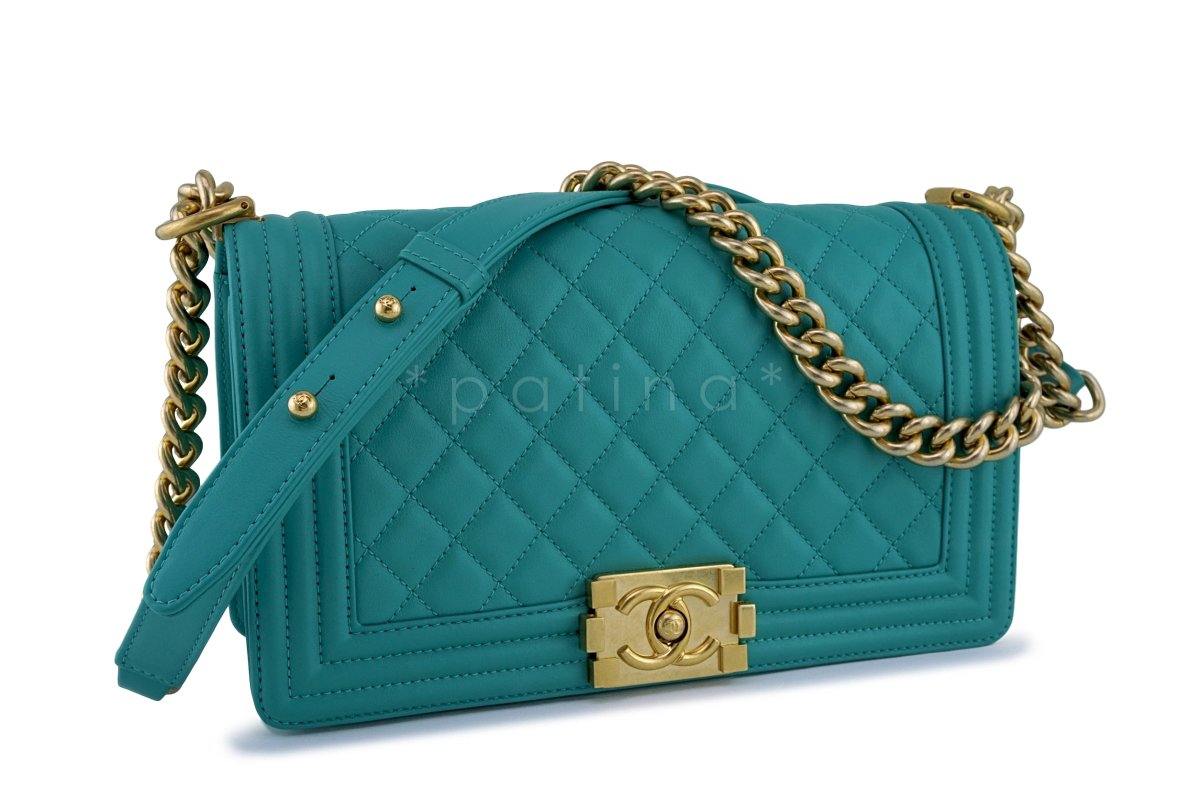 Pristine 17C Chanel Turquoise Blue Boy Classic Flap, Medium Lambskin Bag GHW