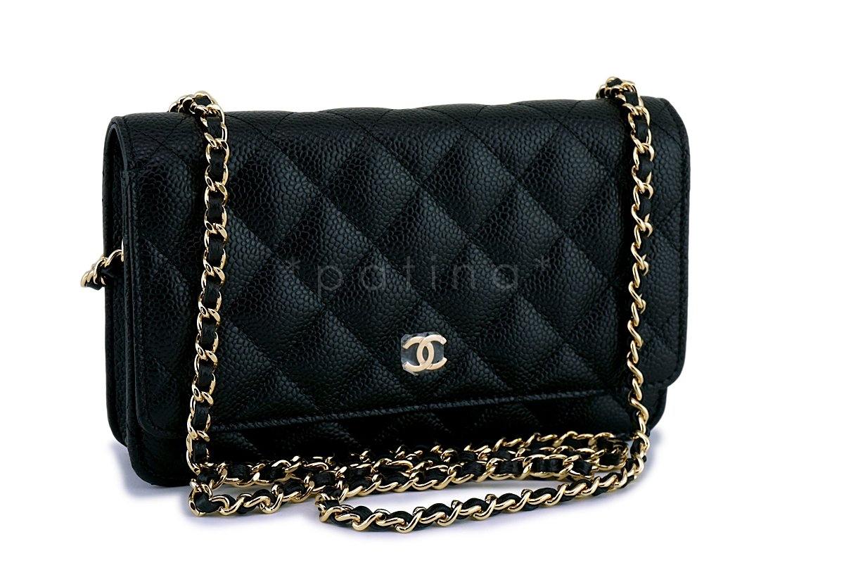 New Chanel Black Caviar Classic Quilted WOC Wallet on Chain Flap Bag GHW