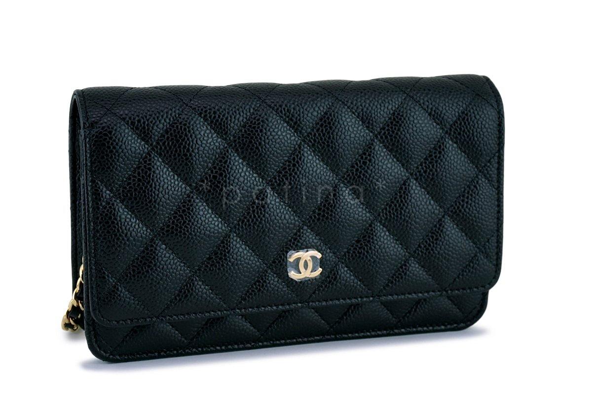 New Chanel Black Caviar Classic Quilted WOC Wallet on Chain Flap Bag GHW