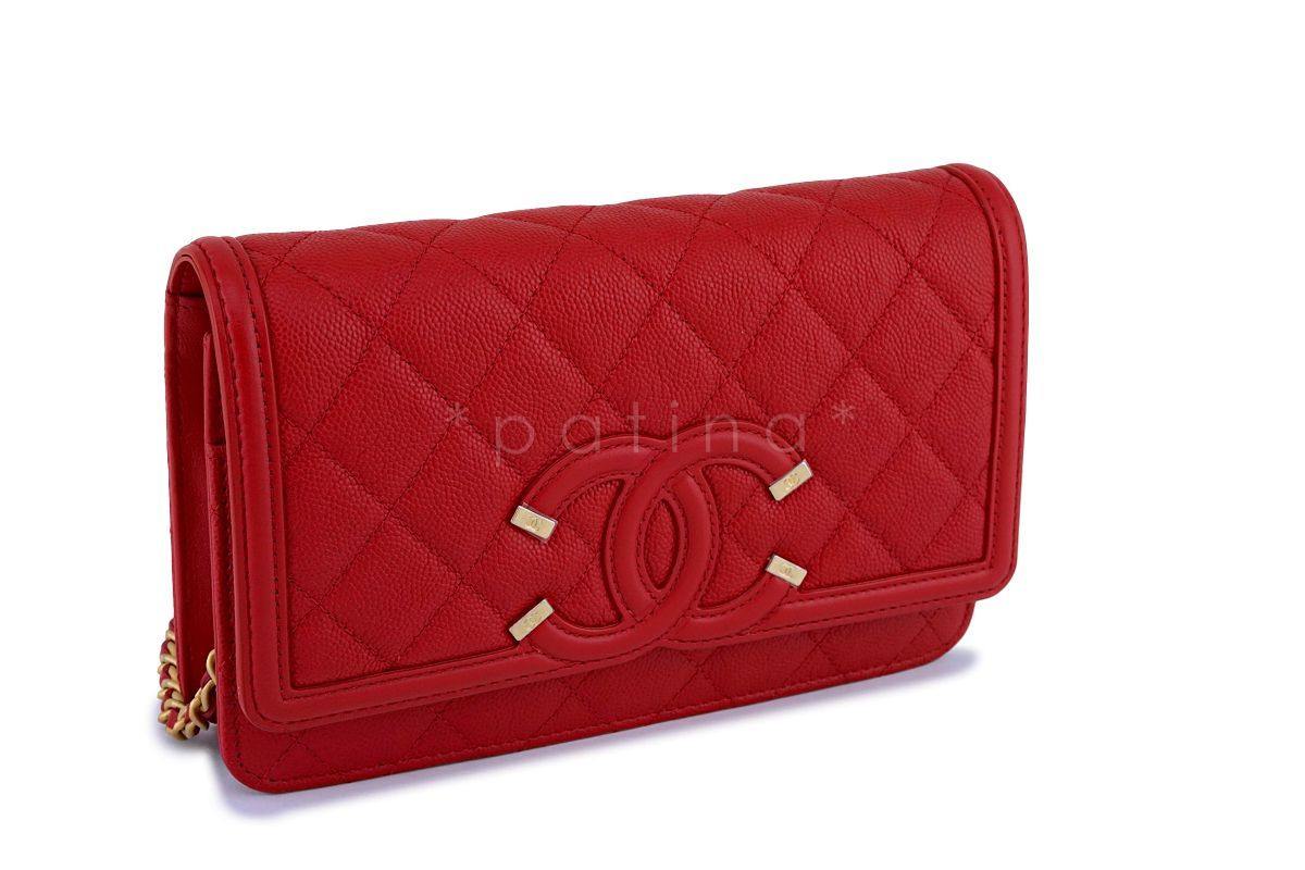 NIB 18P Chanel Red Caviar Filigree WOC Wallet on Chain Flap Bag
