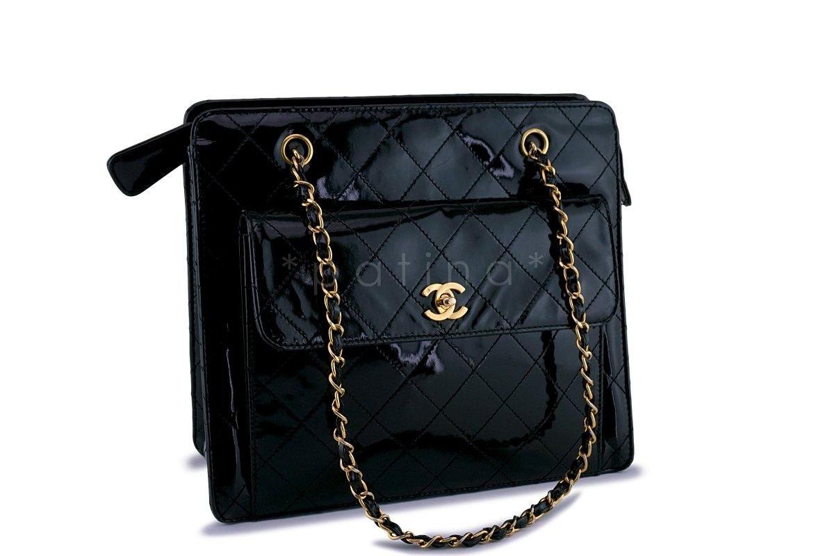 Chanel Black Vintage Patent Classic Quilted Flap Shopper Tote Bag