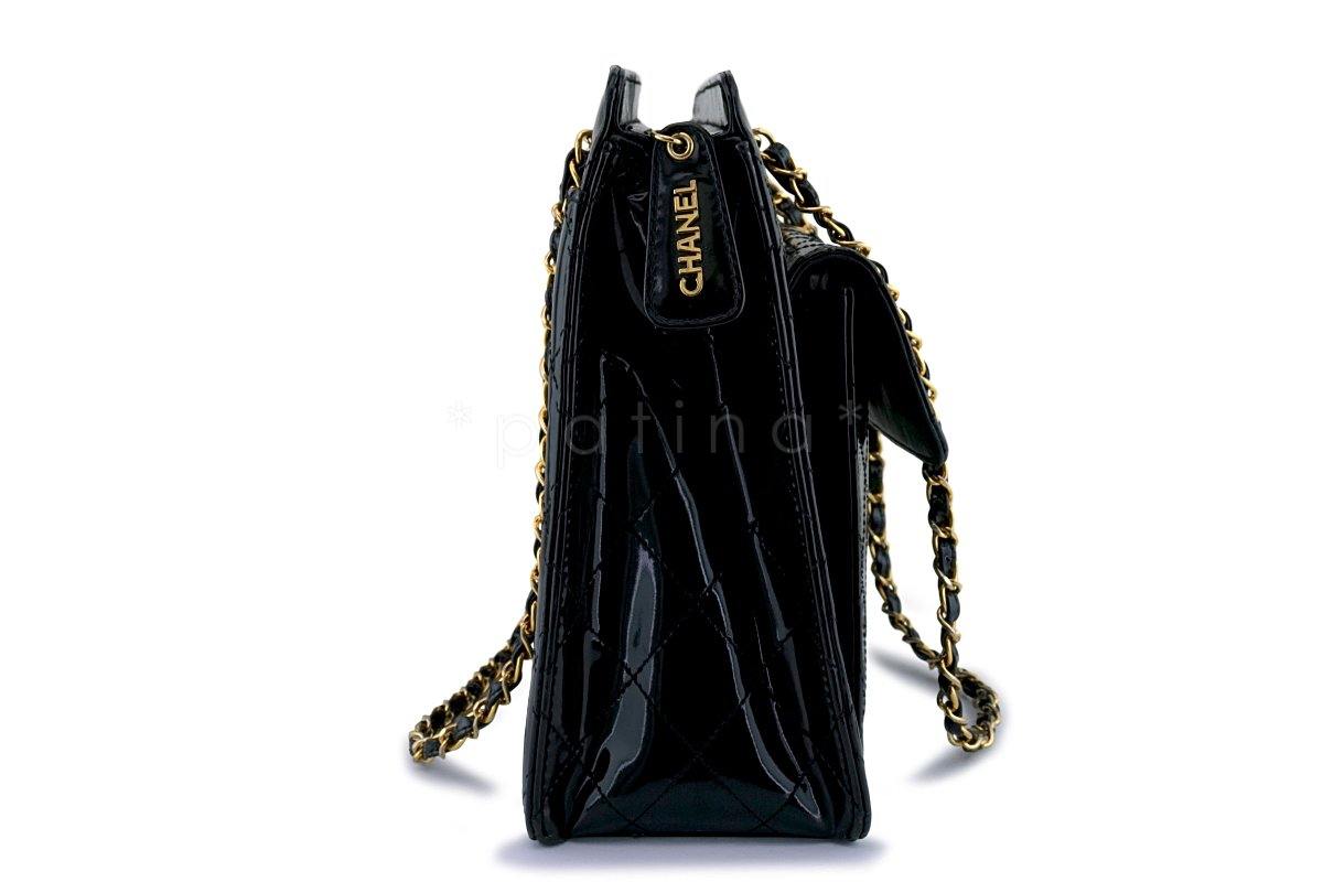 Chanel Black Vintage Patent Classic Quilted Flap Shopper Tote Bag
