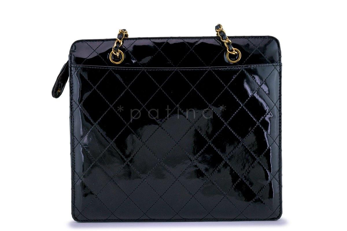 Chanel Black Vintage Patent Classic Quilted Flap Shopper Tote Bag