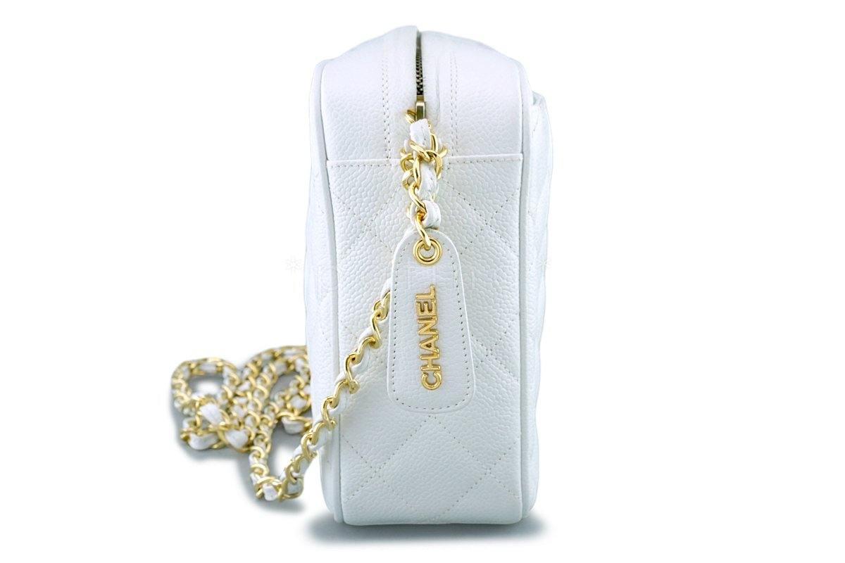 Rare Pristine Chanel White Caviar Quilted Classic Camera Case Clasp Bag