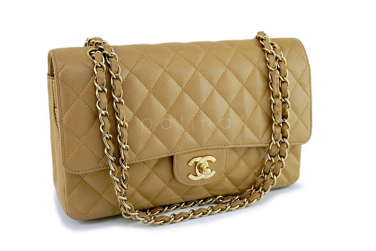 Chanel Camel Beige Caviar Medium Classic Double Flap Bag 24k GHW
