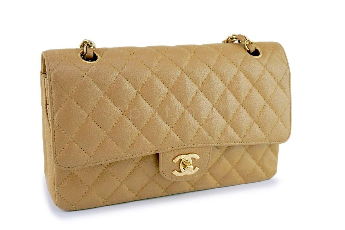 Chanel Camel Beige Caviar Medium Classic Double Flap Bag 24k GHW