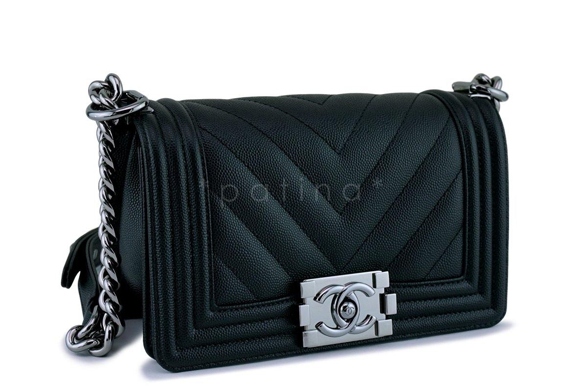 New 18S Chanel Black Caviar Chevron Small Boy Classic Flap Bag RHW