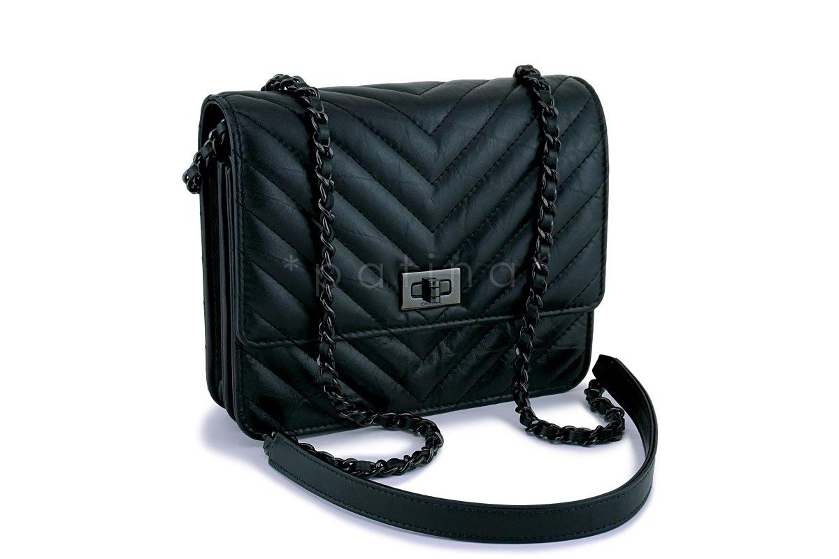 New 17K Chanel So Black Chevron Reissue Square WOC Wallet Chain Flap Bag