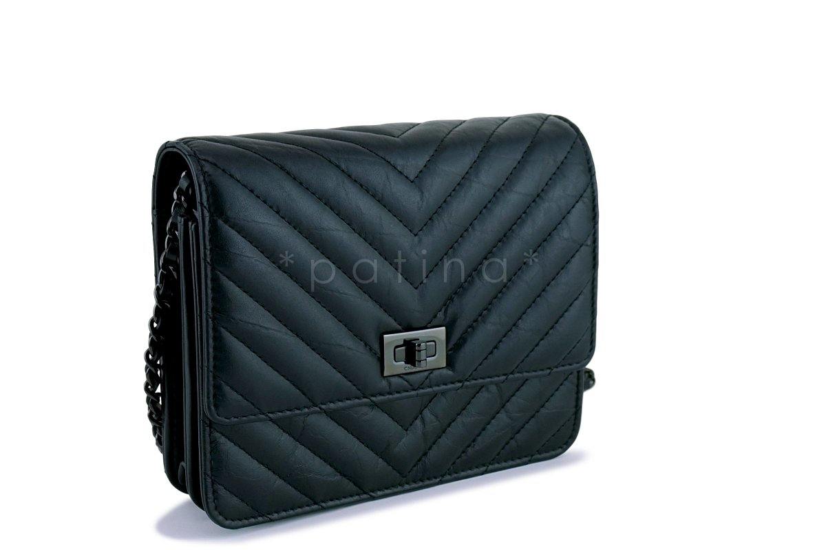 New 17K Chanel So Black Chevron Reissue Square WOC Wallet Chain Flap Bag