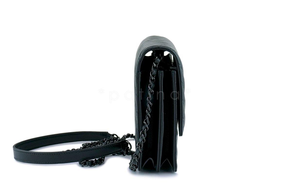 New 17K Chanel So Black Chevron Reissue Square WOC Wallet Chain Flap Bag
