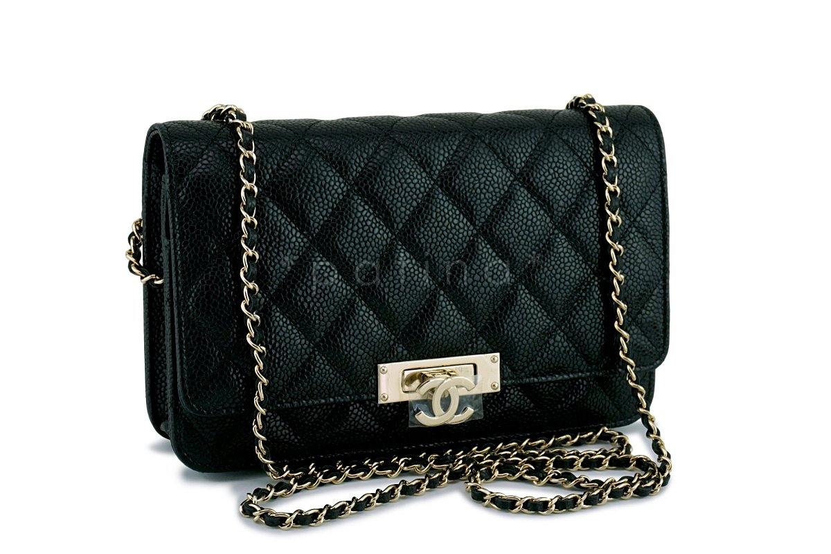 New 18S Chanel Black Rare Caviar Golden Class Classic Wallet on Chain WOC Flap Bag