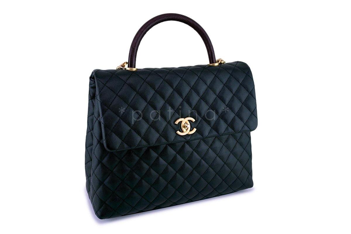 Chanel Black Caviar/Lizard Coco Handle Shoulder Flap Kelly 2-Way Tote Bag