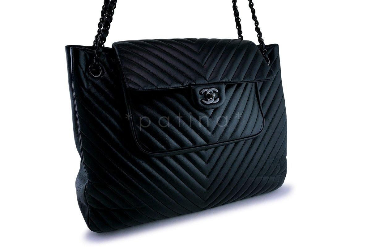 Rare 15S Chanel So Black Chevron Classic Large Shopper Flap Tote Bag 2ON