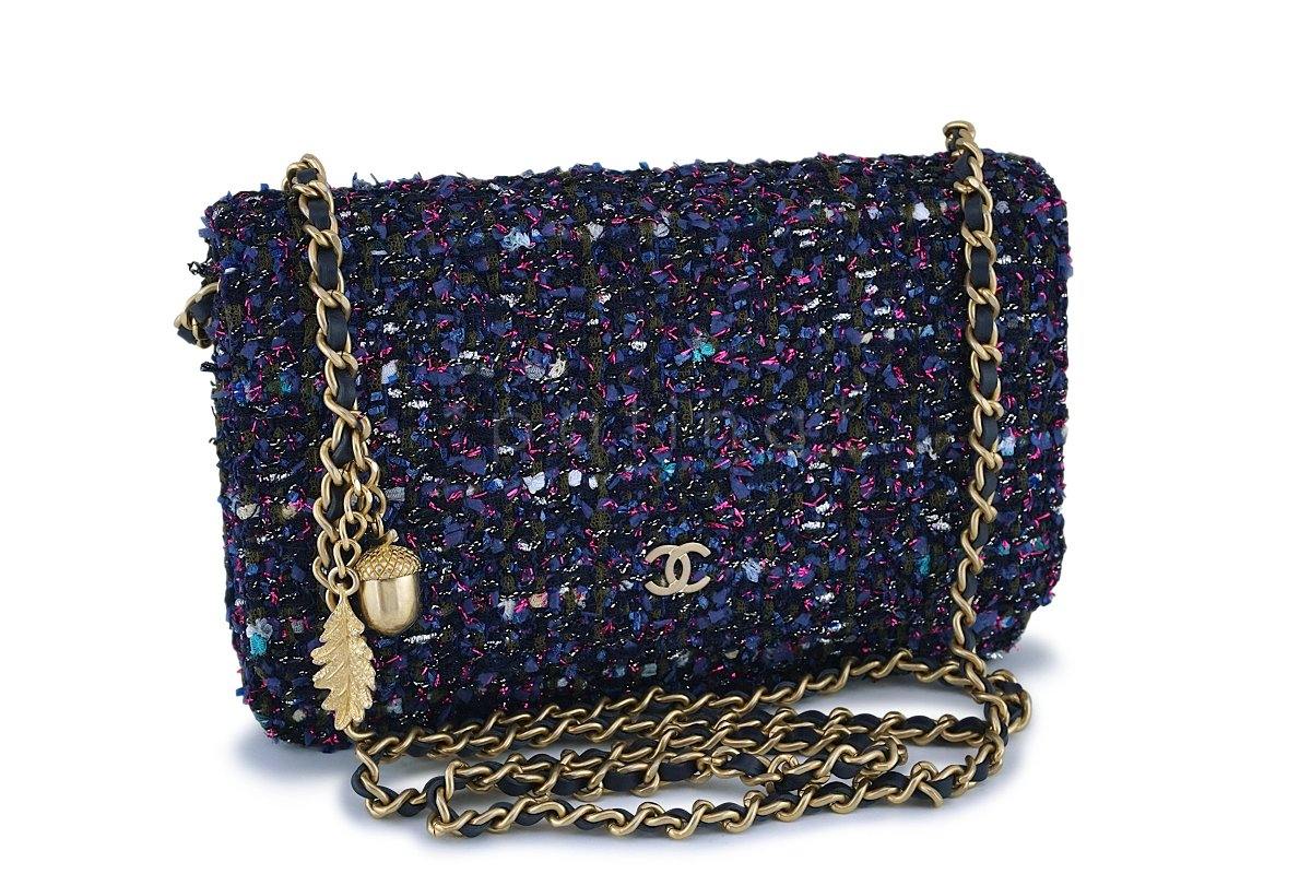 NIB 18K Chanel Purple Tweed Wallet on Chain w/Charms WOC Mini Flap Bag GHW