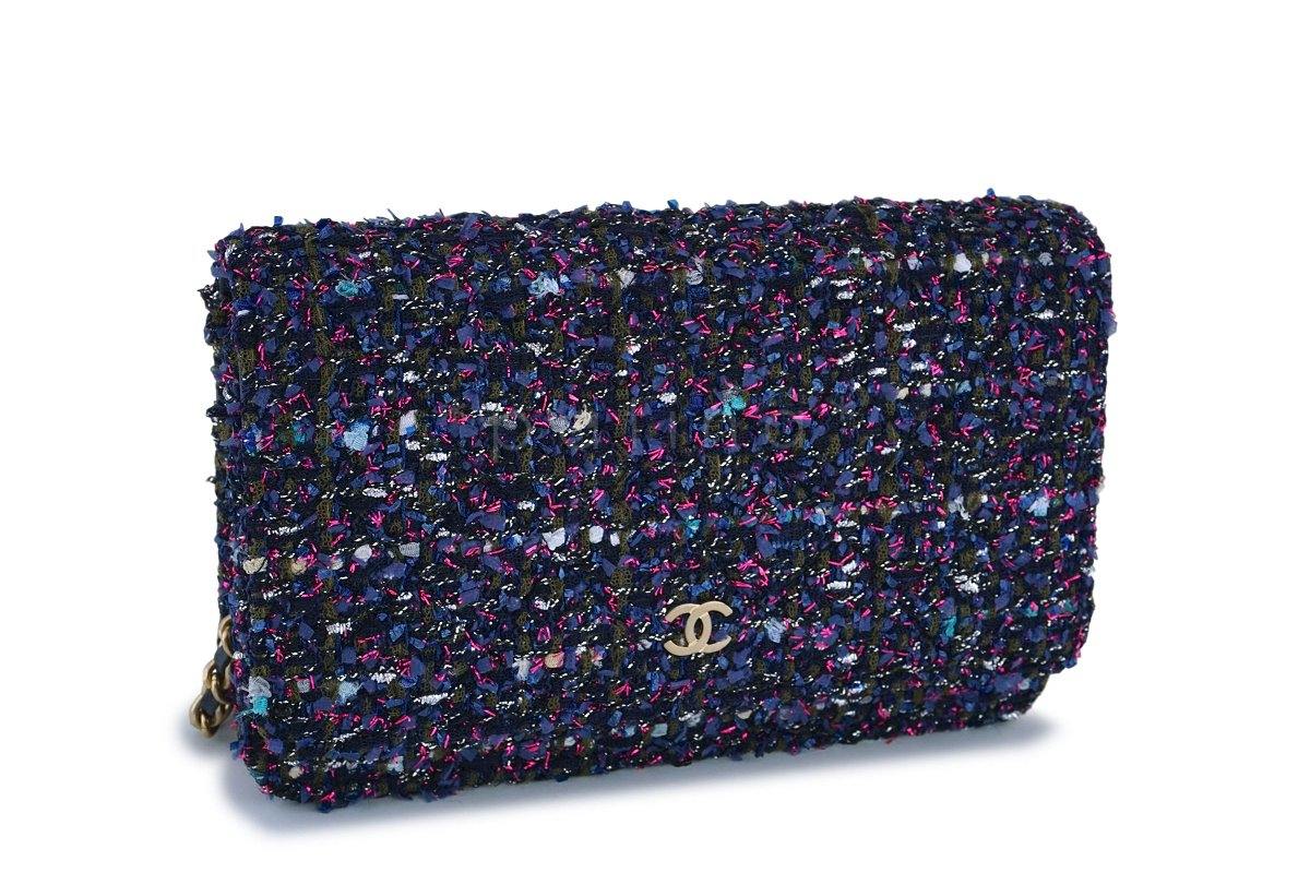 NIB 18K Chanel Purple Tweed Wallet on Chain w/Charms WOC Mini Flap Bag GHW