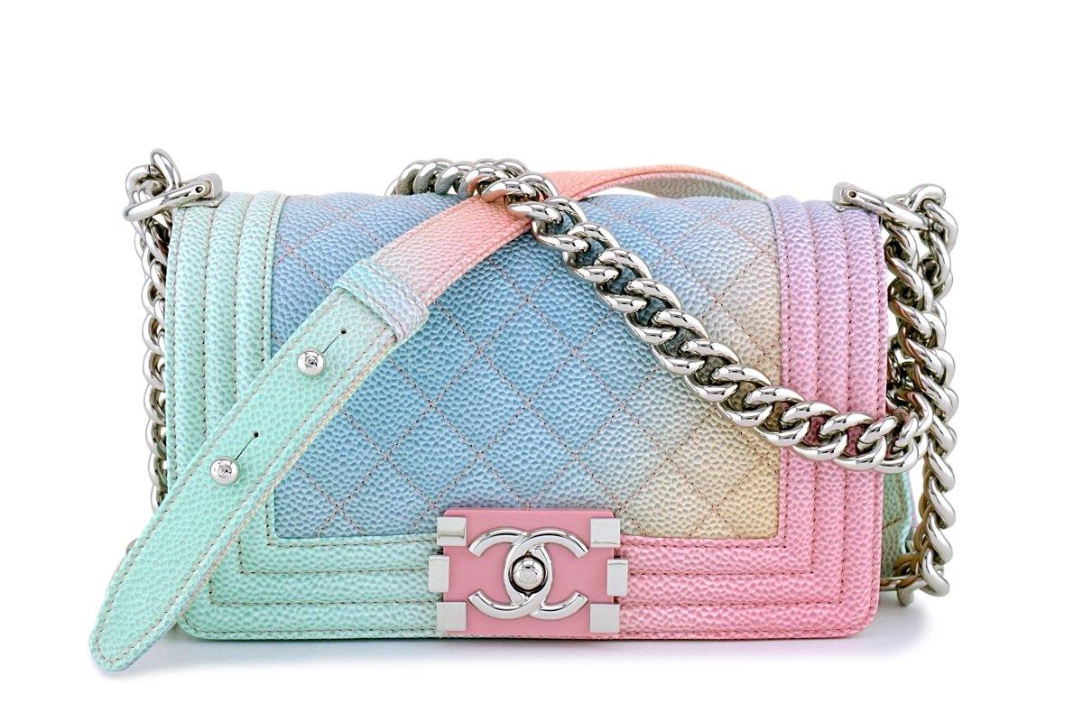 NIB 18P Chanel Pastel Rainbow Pink Caviar Classic Boy Flap Bag