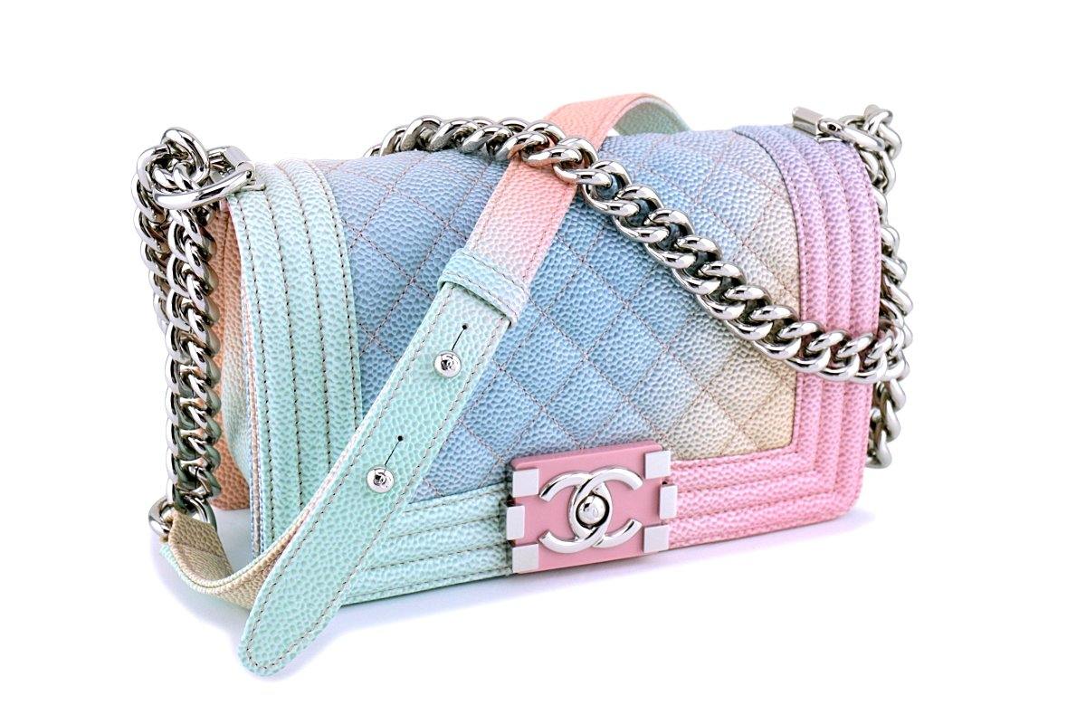 NIB 18P Chanel Pastel Rainbow Pink Caviar Classic Boy Flap Bag