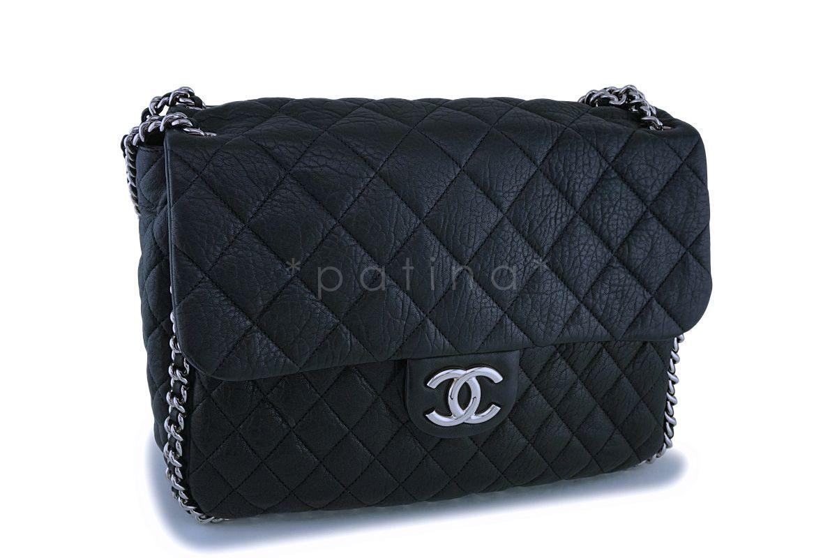 Chanel Black Calfskin Maxi Jumbo XL Luxe Chain Around Flap Bag SHW