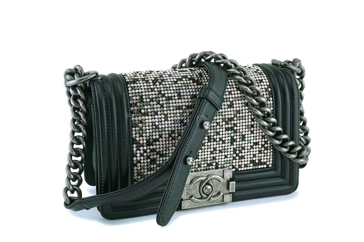 Rare Chanel Black Strass Crystals Small Classic Boy Flap Bag