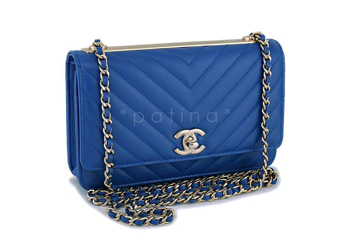 NIB 19C Chanel Blue Chevron Trendy CC WOC Wallet on Chain Flap Bag GHW