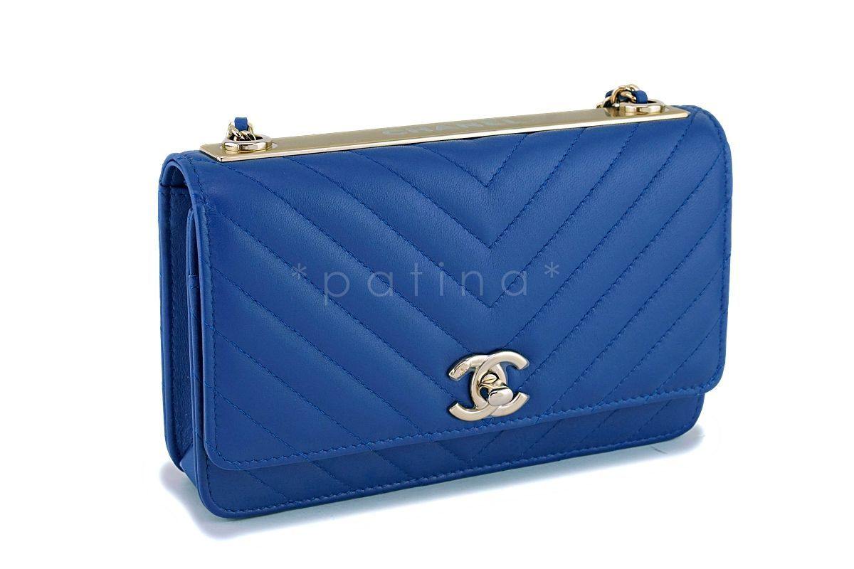 NIB 19C Chanel Blue Chevron Trendy CC WOC Wallet on Chain Flap Bag GHW