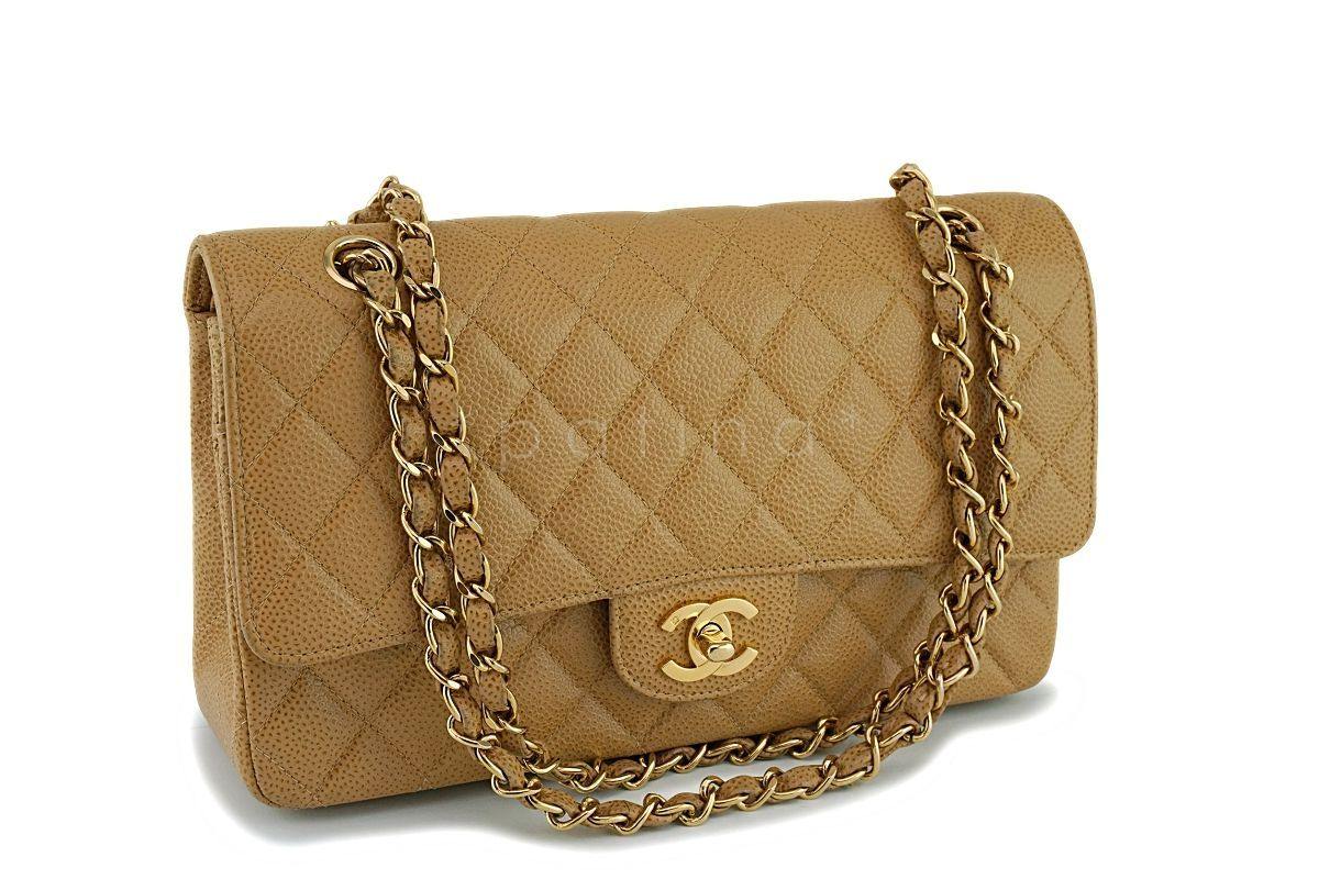 Chanel Camel Beige Caviar Medium Classic Double Flap Bag 24k GHW