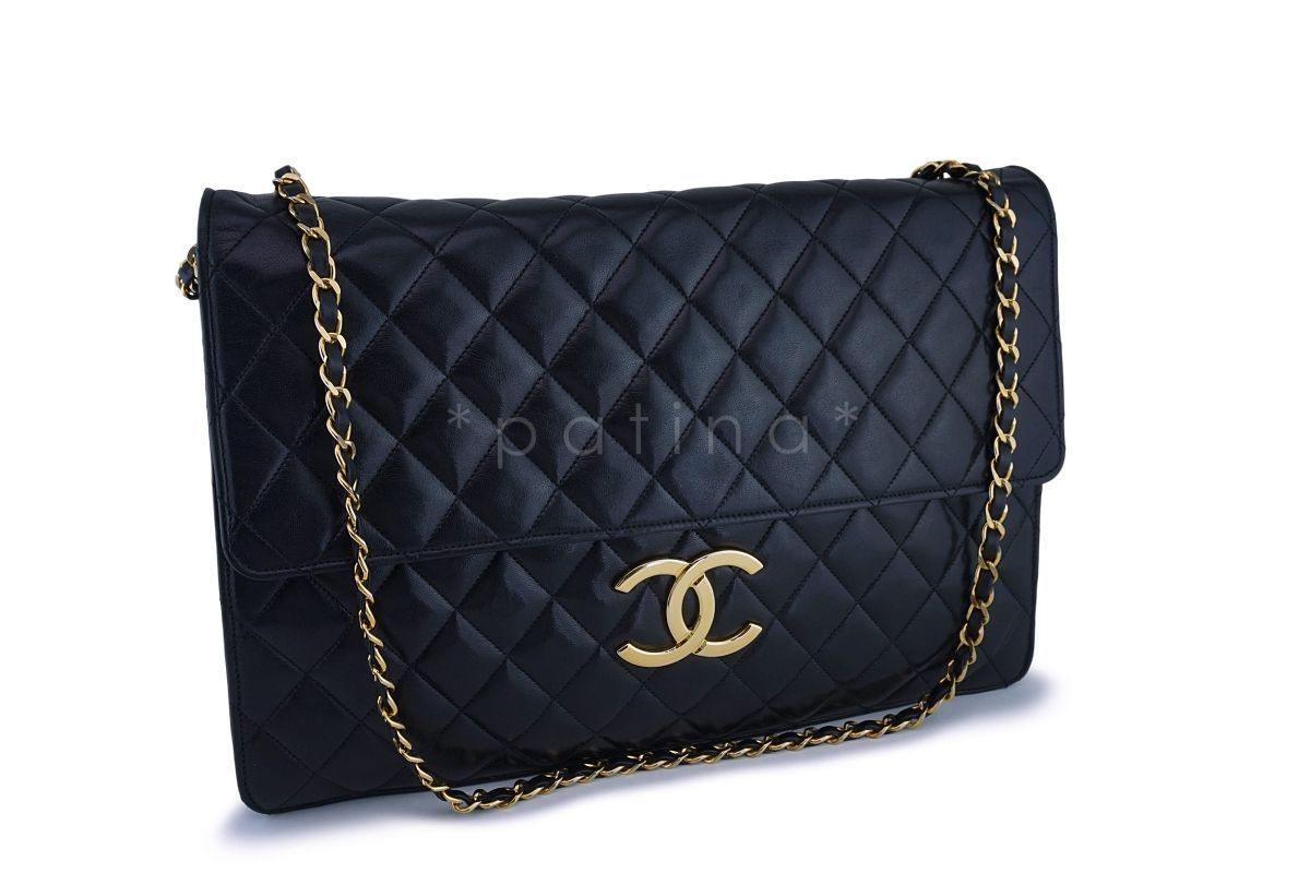 Rare Chanel Vintage Black Classic XXL Classic Flap Clutch with Chain Bag