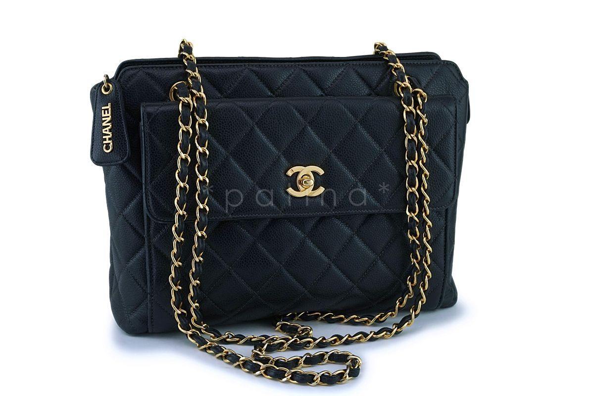 Chanel Vintage Black Caviar Flap Pocket Timeless Tote Bag 24k GHW