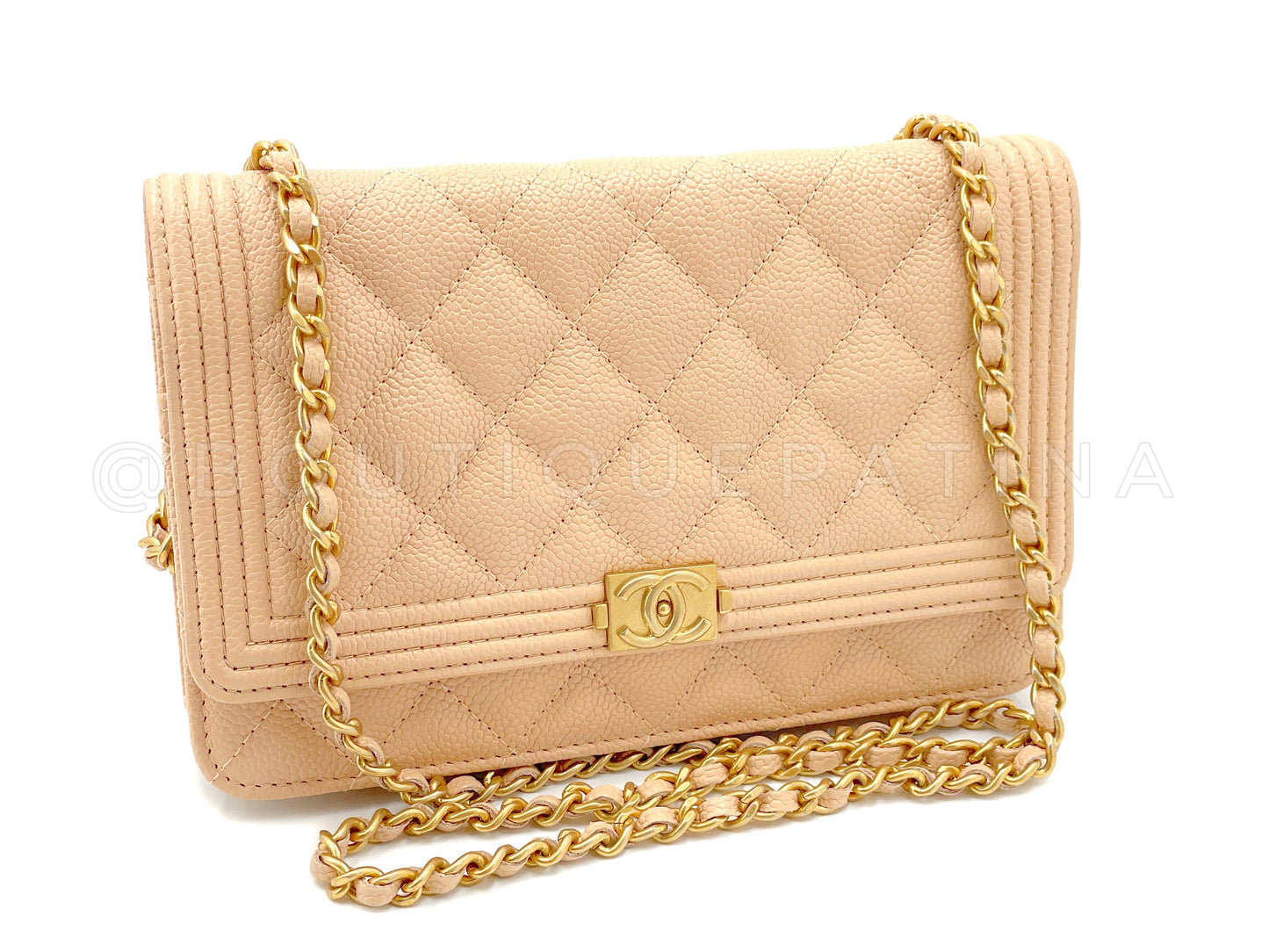 Pristine Chanel 2016 Beige Clair Caviar Boy Wallet on Chain WOC Flap Bag