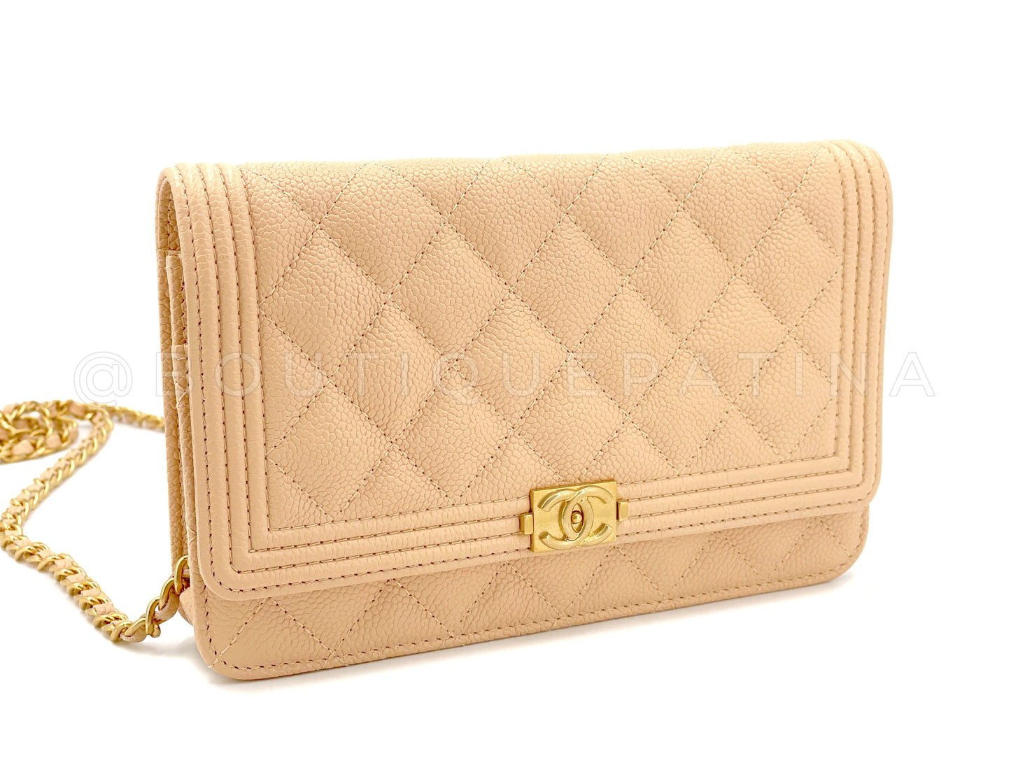 Pristine Chanel 2016 Beige Clair Caviar Boy Wallet on Chain WOC Flap Bag