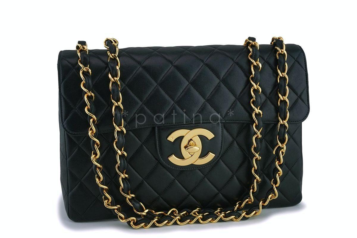 Chanel Vintage Black Lambskin Jumbo Classic Flap Bag 24k GHW