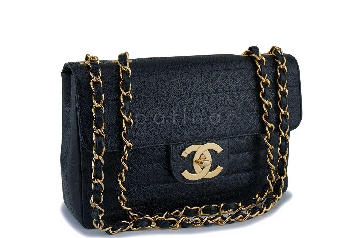 Rare Chanel Vintage Black Caviar Horizontal Jumbo Classic Flap Bag 24k GHW