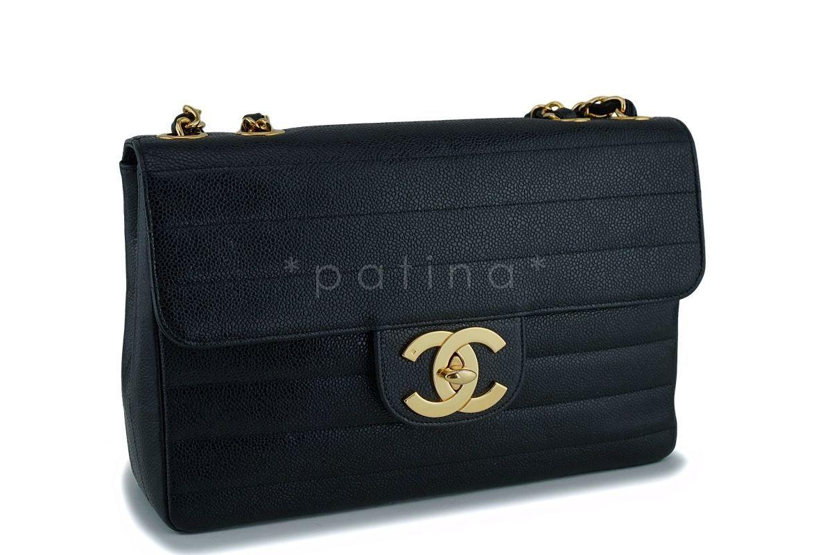 Rare Chanel Vintage Black Caviar Horizontal Jumbo Classic Flap Bag 24k GHW