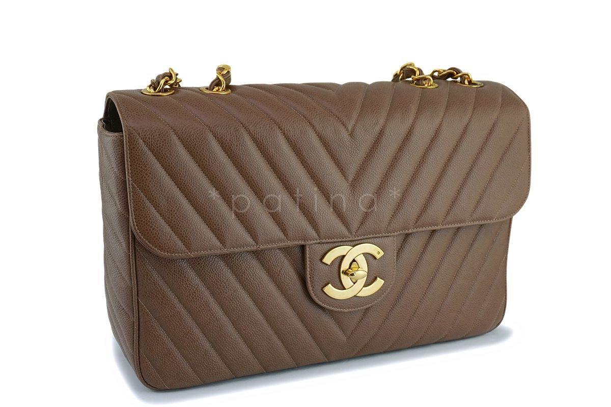 Chanel Vintage Taupe Beige Caviar Chevron Maxi "Jumbo XL" Classic Flap Bag 24k GHW KM5