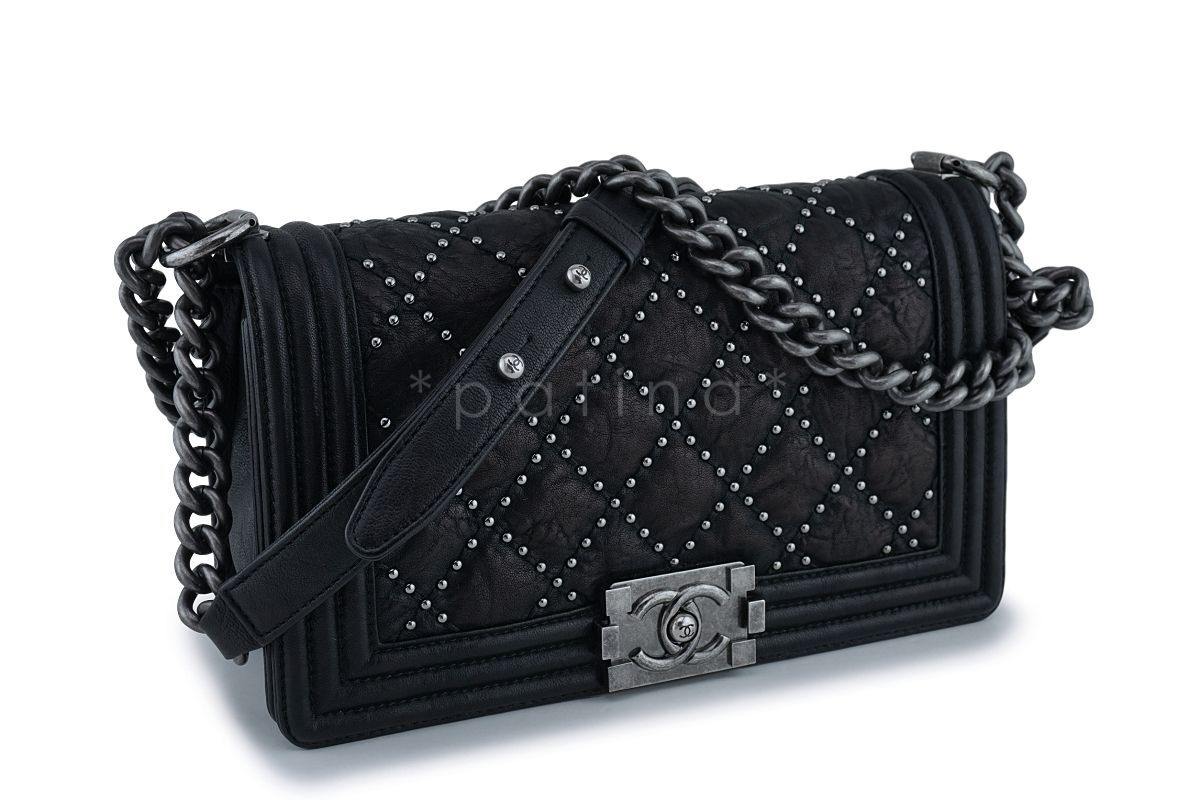 Chanel Black Crumpled Calf Studded Medium Classic Boy Flap Bag RHW