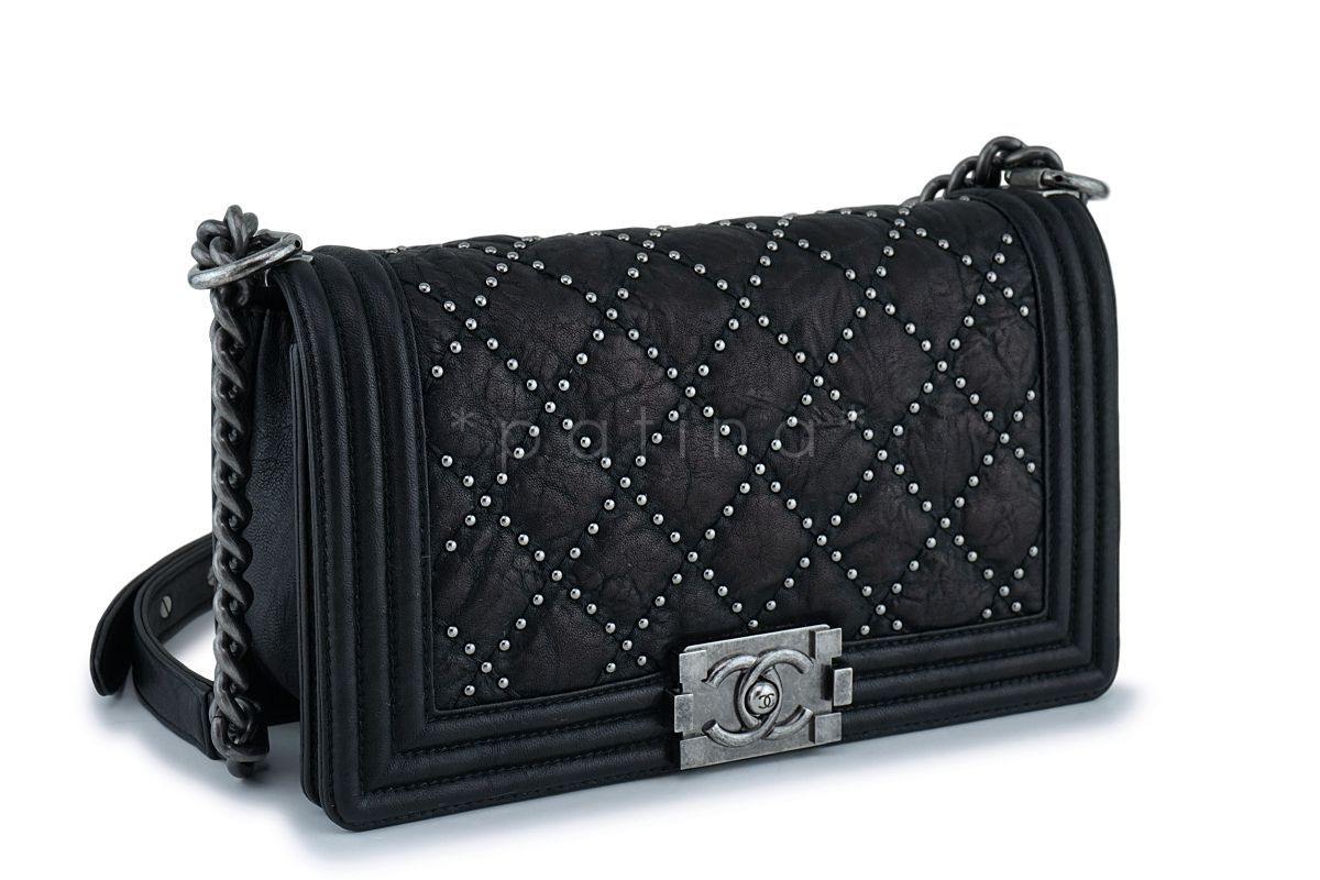 Chanel Black Crumpled Calf Studded Medium Classic Boy Flap Bag RHW