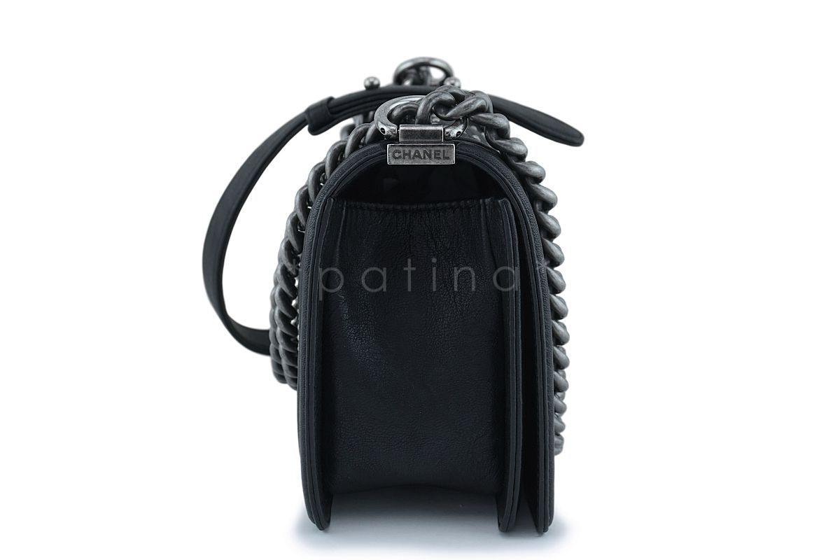 Chanel Black Crumpled Calf Studded Medium Classic Boy Flap Bag RHW