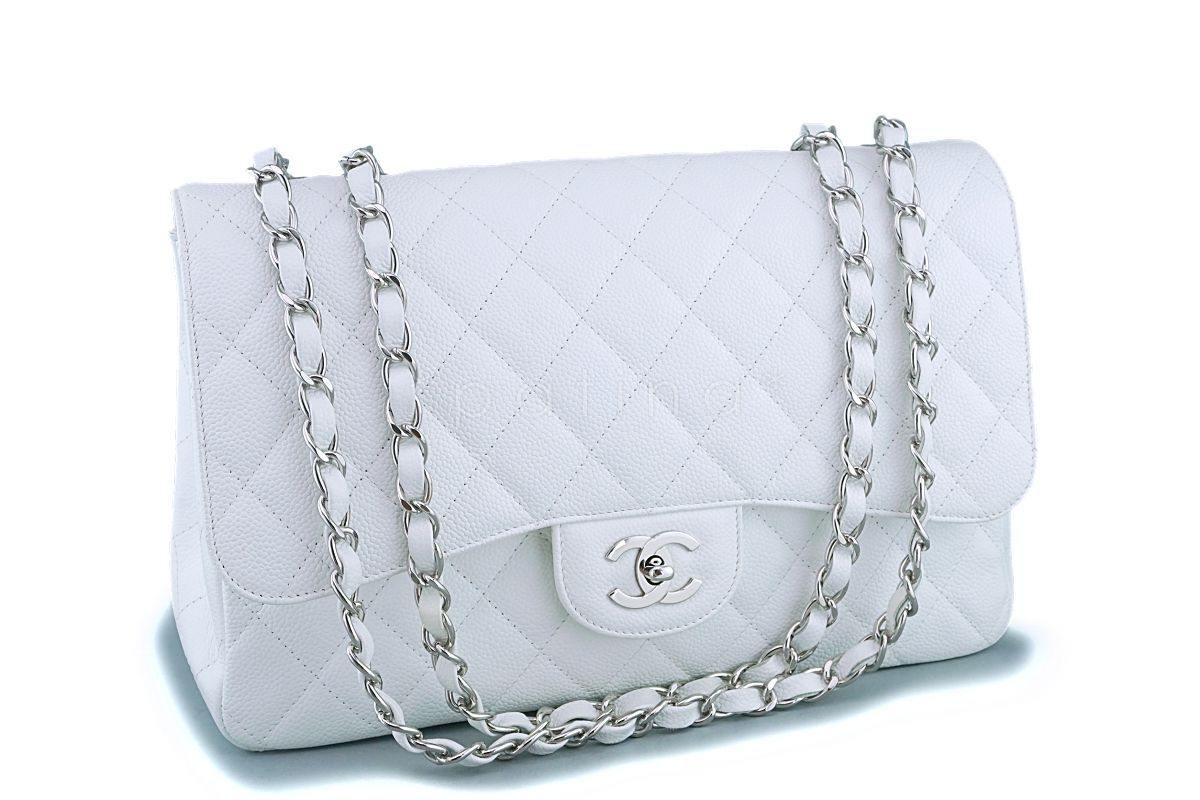 Chanel White Caviar Jumbo Classic Flap Bag SHW