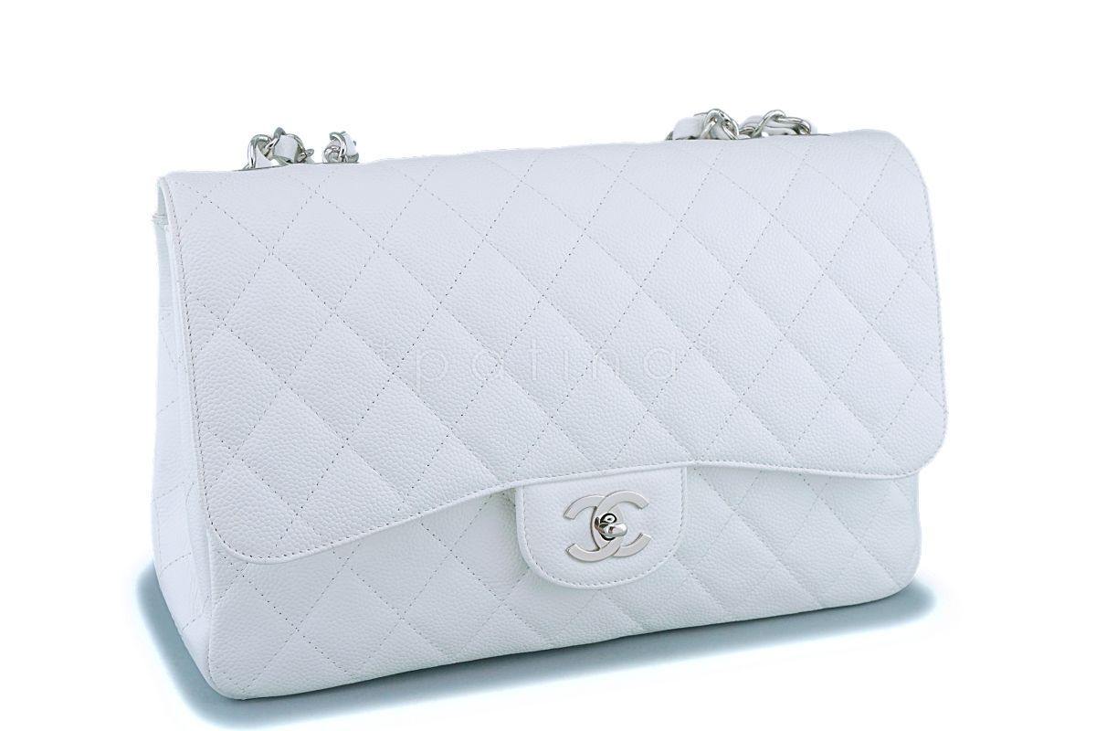 Chanel White Caviar Jumbo Classic Flap Bag SHW